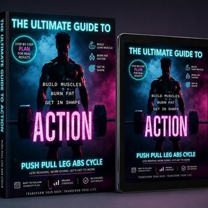 Könnte beinhalten: Ein Buch und ein Tablet mit "The Ultimate Guide to Action" zum Thema Fitness. Das Cover zeigt eine Silhouette beim Heben von Gewichten, mit Text zur Förderung des Muskelaufbaus, der Fettverbrennung und der Fitness. Das Buch und das Tablet sind schwarz.