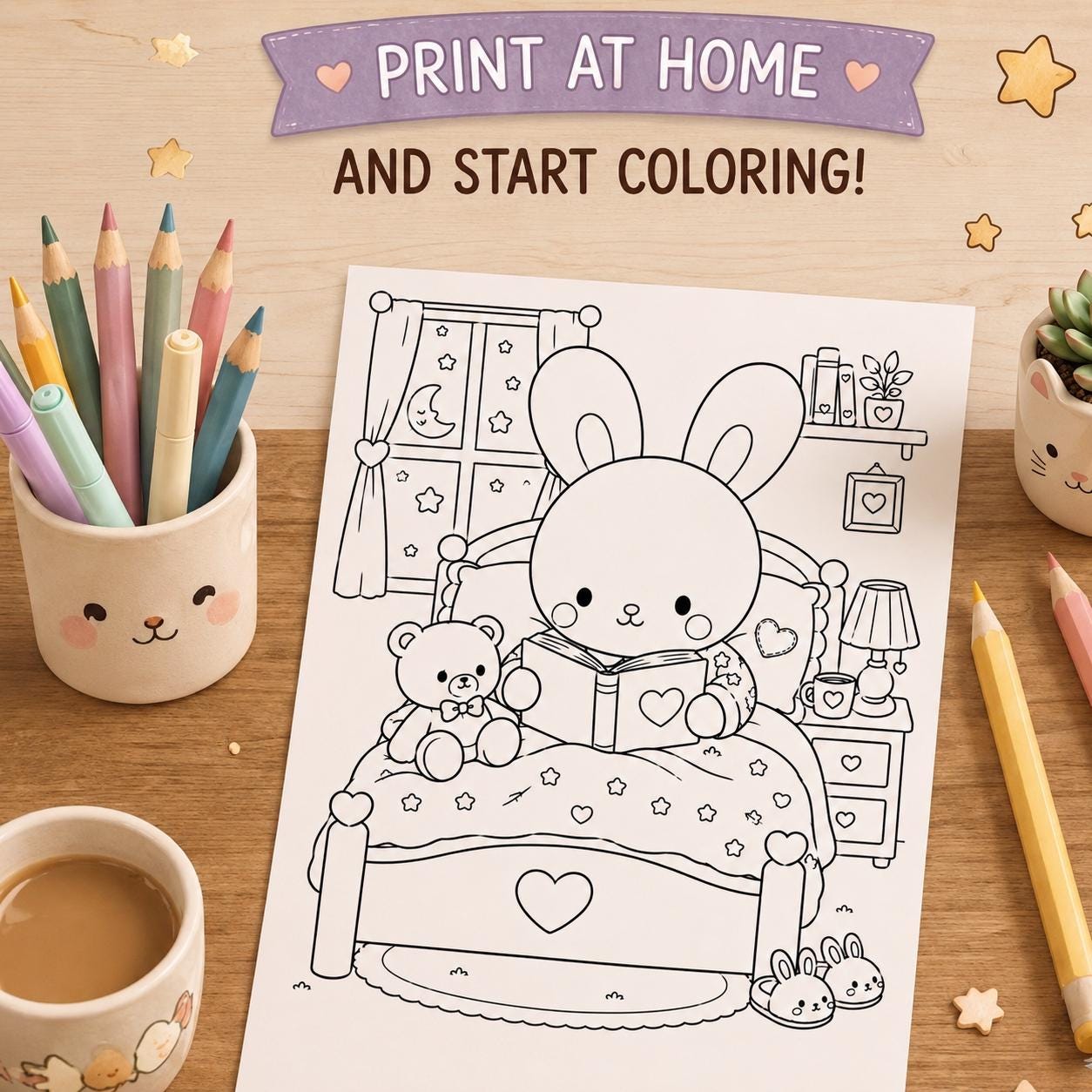 Kawaii Bunny Coloring Book | Printable PDF | Cozy Kids Activity - Etsy