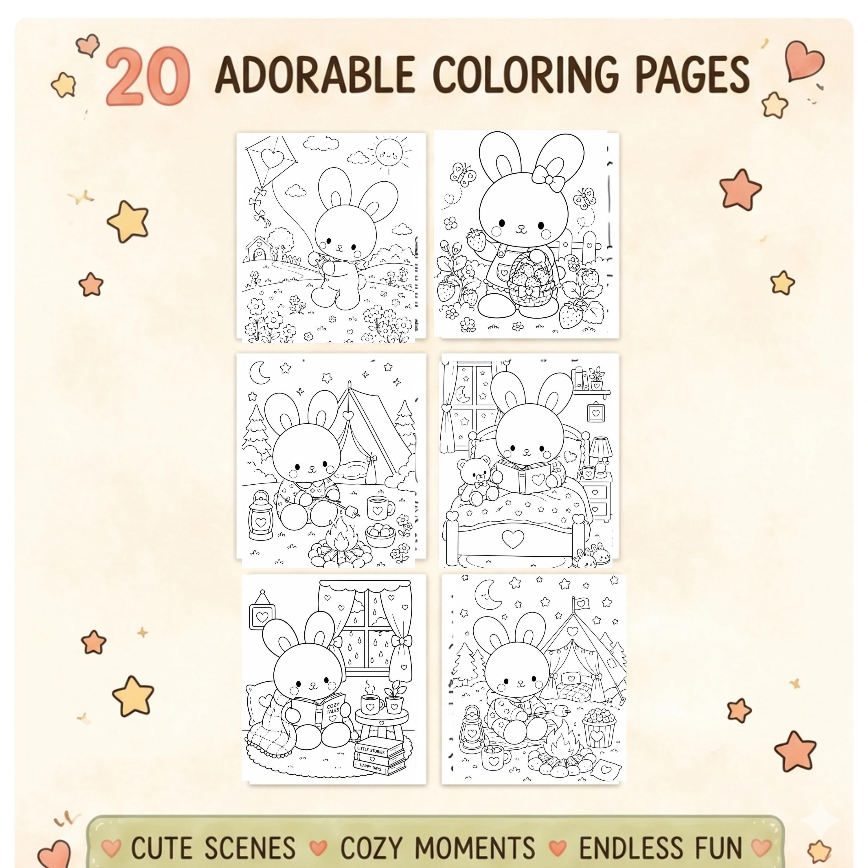 Kawaii Bunny Coloring Book | Printable PDF | Cozy Kids Activity - Etsy