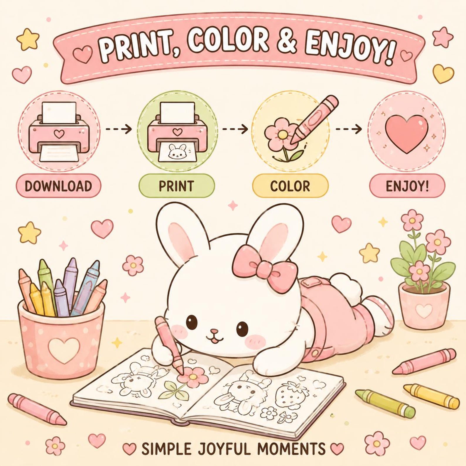 Kawaii Bunny Coloring Book | Printable PDF | Cozy Kids Activity - Etsy