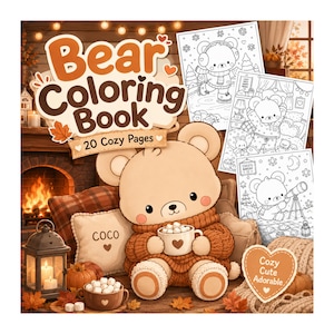 Könnte beinhalten: Ein "Bear Coloring Book" mit 20 gemütlichen Seiten. Das Bild zeigt einen Cartoon-Bären, der eine Tasse Kakao hält, umgeben von Malvorlagen mit Bärenillustrationen. Die Szene umfasst einen Kamin, Kürbisse und Herbstblätter.