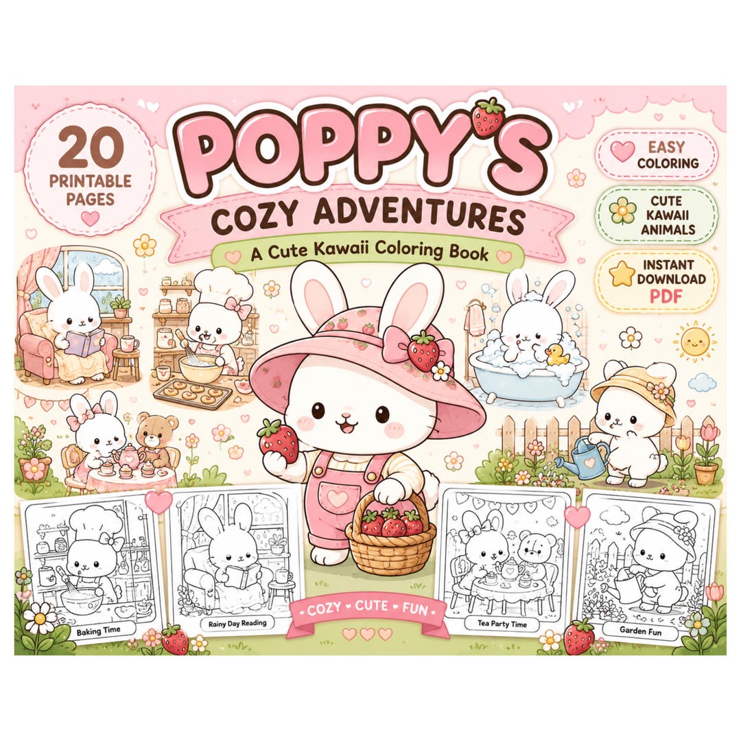 Kawaii Bunny Coloring Book | Printable PDF | Cozy Kids Activity - Etsy