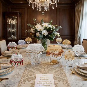 Pode incluir: Uma mesa de jantar com jarros e taças de cristal adornados com capas decorativas de missangas. As capas apresentam trabalhos intrincados de missangas e franjas. Um cartão central exibe o texto: Celebração Elegante: Apresentação de Capas de Cristal e Miçangas.