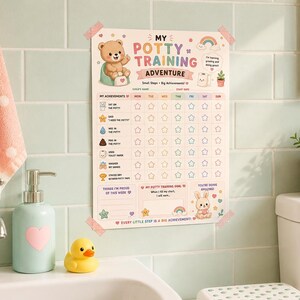 Può includere: Una tabella rettangolare per l'allenamento al vasino con sfondo color crema, raffigurante un orso bruno su un vasino, un arcobaleno e un coniglietto. Include colonne per i giorni della settimana, righe per i successi con icone a stella e il testo My Potty Training Adventure.