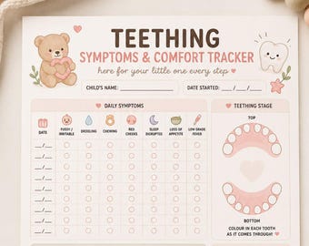 Registro Visual Diário dos Sintomas da Dentição do Bebê Montessori - Imprimível - Quadro de Memórias Unissex - Ursinho de Pelúcia (PDF)