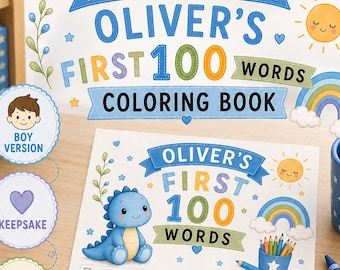 Livro de colorir personalizado para meninos com tema de dinossauros, ensinando as primeiras 100 palavras. PDF imprimível para guardar como lembrança educativa.