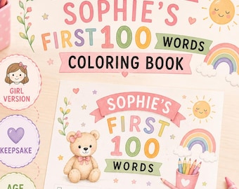 Livro de colorir personalizado para meninas com ursinho de pelúcia, ensinando as primeiras 100 palavras - PDF imprimível - Lembrança educativa para crianças pequenas