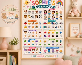 Pôster personalizado com as 100 primeiras palavras | Cartaz educativo infantil para parede