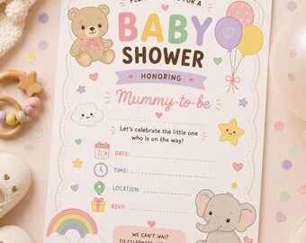 Convite para Chá de Bebê Imprimível com Ursinho de Pelúcia e Elefante em Tons Pastel - Lembrança Unissex para a Celebração - Download Digital