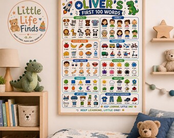 Pôster personalizado com as 100 primeiras palavras do menino | Cartaz educativo infantil para parede