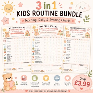 May include: A set of three printable kids' routine charts, including morning, daily, and evening trackers. The charts feature a teddy bear design and are suitable for ages 1-6. The bundle is a PDF download, designed to build habits and encourage independence.
