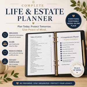 May include: A complete Life & Estate Planner in a black binder. The planner includes sections for organising information, guiding loved ones, and reducing stress. It offers expert guidance and is available as an instant PDF download with 30+ pages.