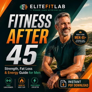 Könnte beinhalten: Ein Fitness-Ratgeber-Cover mit dem Text "FITNESS AFTER 45" und dem Slogan "Kraft-, Fettabbau- und Energie-Ratgeber für Männer". Das Bild zeigt einen lächelnden Mann und Symbole für den Aufbau schlanker Muskeln, die Fettverbrennung und die Steigerung der Energie. Enthält "Sofortiger PDF-Download".