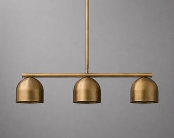 Antique Brass 3-Light Linear Chandelier | Handmade Modern Kitchen Island Pendant Light | Mid Century Ceiling Fixture | Dining Room Lighting