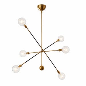 Tandem mässings Sputnik-krona med hög tråd, 6 ljus, oregelbunden balans, läderlindade taklampor, modern iögonfallande lampa