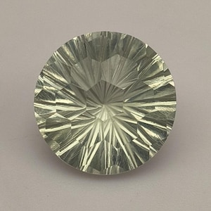 Green Amethyst Prasiolite Gemstone: Custom Fantasy Spiral Cut 12mm Round Brilliant birthstone necklace.