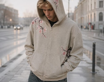 Sakura Embroidered Zip Hoodie, Y2K Streetwear Jacket, Cropped Harajuku Sweatshirt