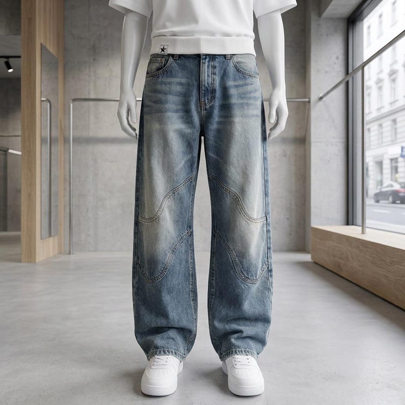 May include: Light blue denim jeans with a faded wash and a relaxed fit. The jeans feature a unique panel design on the front and are paired with white sneakers. The jeans are displayed on a mannequin in a modern retail setting.