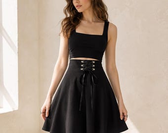 Casual Gothic Corset Skirt | Black High Waist Lace-Up Goth Skirt Dark Alternative Streetwear