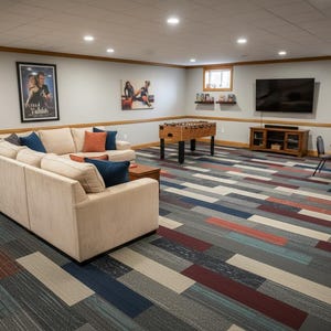 May include: A finished basement recreation room featuring a large beige sectional sofa with navy and orange throw pillows, a wooden foosball table, a flat-screen television on a wooden media console, and a round game table with four black chairs.