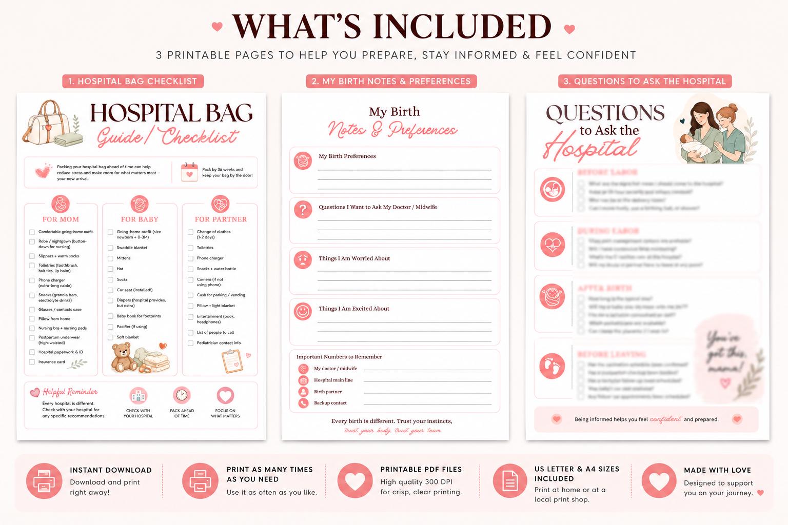 Hospital Bag Checklist & Guide Printable, Questions to Ask Hospital ...