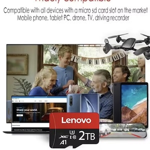 Puede incluir: Tarjeta micro SD Lenovo de 2TB con el texto "Amplia compatibilidad" y una lista de dispositivos compatibles. La imagen muestra un dron, una tableta, un tel&eacute;fono y una grabadora de conducci&oacute;n.