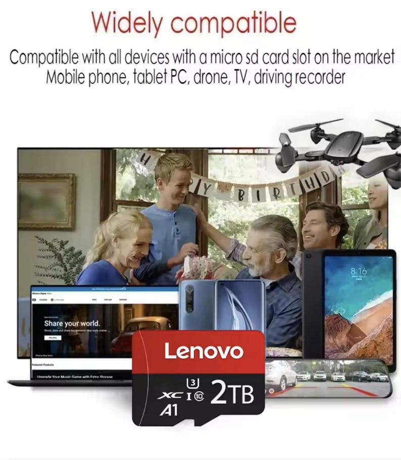 Puede incluir: Tarjeta micro SD Lenovo de 2TB con el texto "Amplia compatibilidad" y una lista de dispositivos compatibles. La imagen muestra un dron, una tableta, un tel&eacute;fono y una grabadora de conducci&oacute;n.