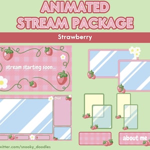 Aminated Twitch Package Strawberry Theme. Scenes, Overlays, WebCam Borders, Chat Boxes and Panels.