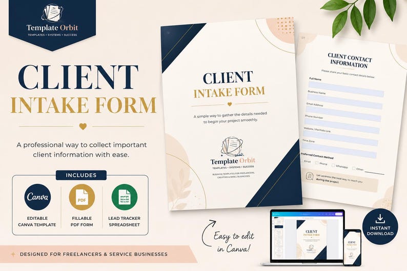 Client Intake Form Template | Editable Canva, Fillable PDF (digital ...