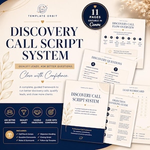 May include: A navy blue and cream-coloured Discovery Call Script System template. The design includes a title, "Discovery Call Script System", and supporting documents. The template is designed to help qualify leads, ask better questions, and close more clients.