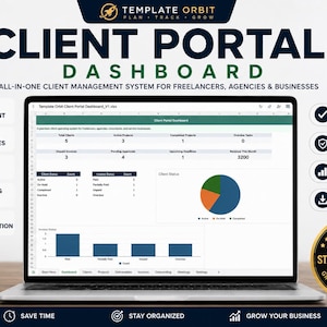 Puede incluir: Una pantalla de portátil que muestra una plantilla de panel de portal de cliente para Excel y Google Sheets. La interfaz presenta tablas de datos, un gráfico circular y un gráfico de barras para la gestión de clientes y proyectos.