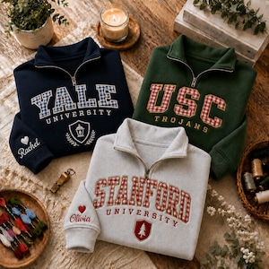 Custom Embroidered Gingham College Quarter Zip Sweatshirt, Campus Apparel Game Day Varsity