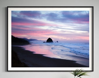 Cannon Beach Sunset Print.Haystack Rock.Oregon Coast.Art.Coastal.Ocean.Sea. SEVERAL SIZES & Poster Option