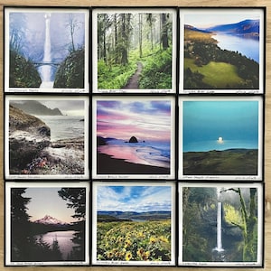 May include: Nine framed landscape photographs featuring waterfalls, forests, and coastal scenes. The images showcase a variety of natural settings, including a bridge over a waterfall, a path through a forest, and a sunset over the ocean. Each photo is labeled with a location.