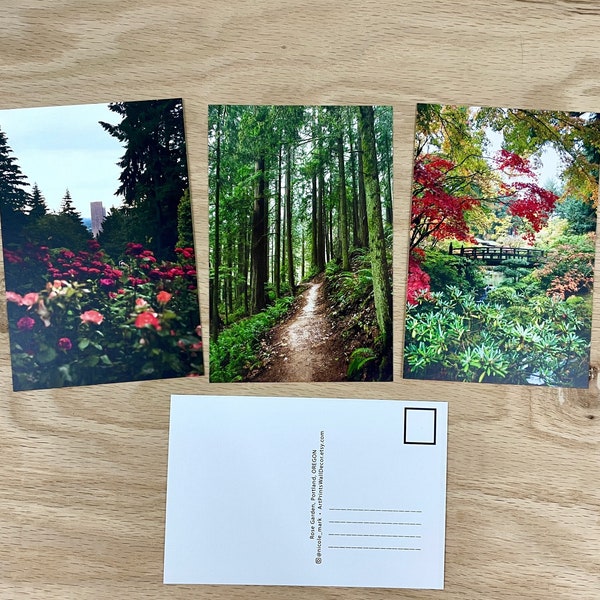 Postcards.4x6". PORTLAND NATURE 3 SET.Pacific Northwest.Art Postcard.Wildood Trail. Japanese Garden.Rose Garden.Big Pink.Postcard Pack.