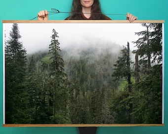 May include: A woman in a red hat holds a framed print of a misty forest scene. The print features a lush green forest with tall trees and a foggy background.