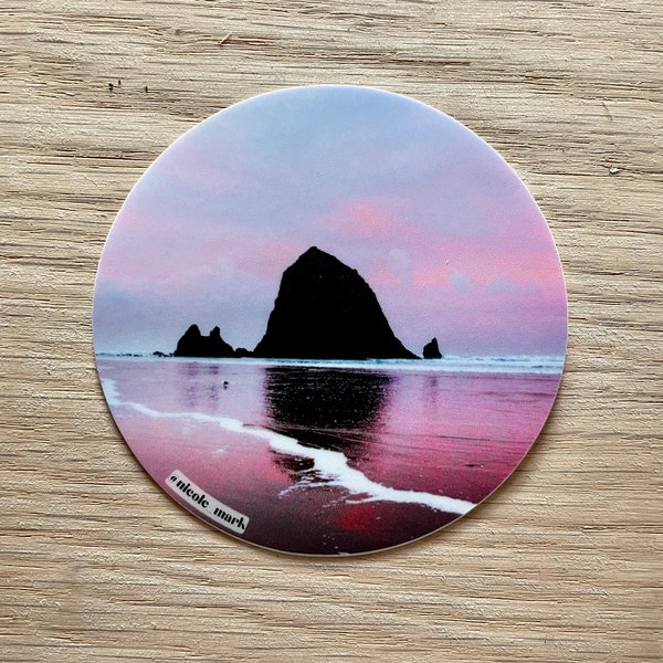 Cannon Beach Sticker.Oregon Coast.Sunrise.Ocean.Haystack Rock.PNW. Pacific Northwest Art.Waterproof.Die Cut.