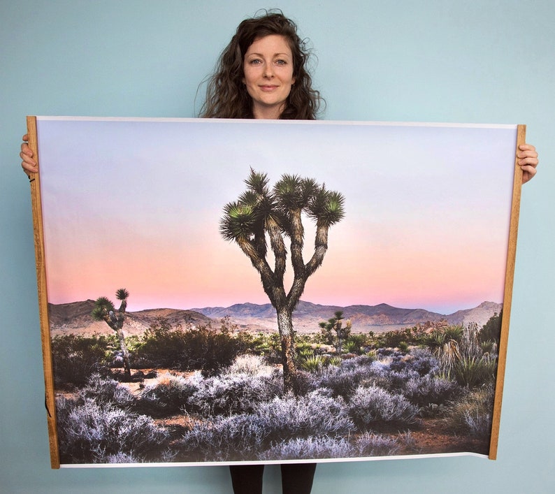 May include: A framed photograph of a Joshua Tree in the desert at sunset. The sky is a soft pink and purple, and the Joshua Tree is silhouetted against the mountains in the background.