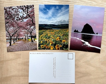 Postcards.4x6".Oregon in Bloom 3 SET. Pacific Northwest.Art.Wildflowers.Cannon Beach Sunrise.Cherry Blossoms