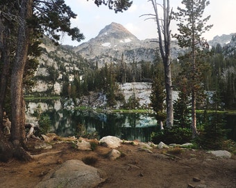May include: A serene mountain lake surrounded by lush green trees and rocky cliffs. The water is still and reflects the surrounding scenery. A tall, bare tree stands in the foreground.