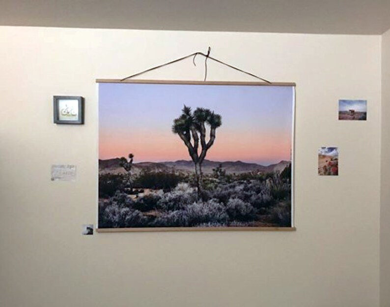 May include: A framed photograph of a Joshua Tree in the desert at sunset. The photo is hanging on a white wall with other smaller framed photos.