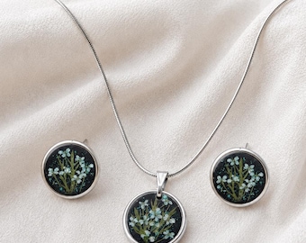 Arctic Blue Flower Jewelry Set, Real Flower Necklace and Earrings, Botanical Gift for Her, Northern Lights Jewelry, Handmade in Norway