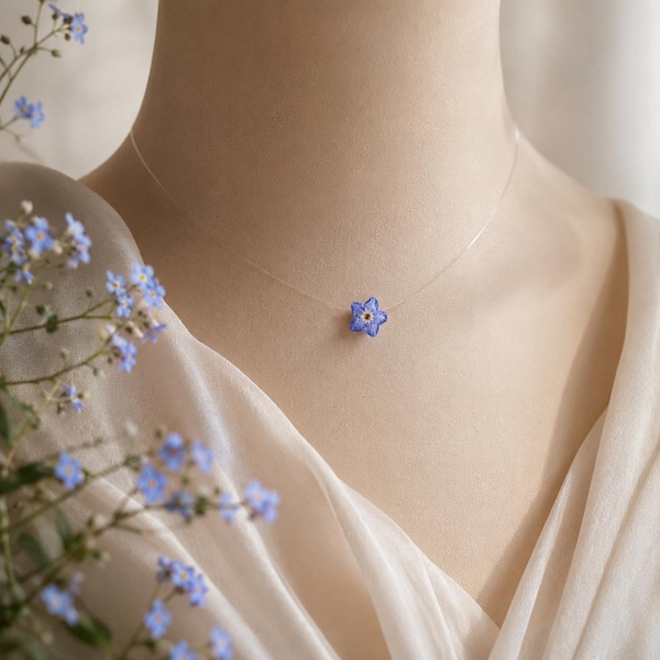 Forget Me Not Choker, Invisible Necklace, Floating Flower Necklace, Real Flower Jewelry, Botanical Choker, Fairycore Jewelry