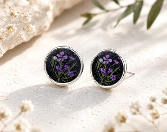Pressed Flower Earrings, Real Flower Stud Earrings, Purple Botanical Earrings, Wildflower Jewelry, Cottagecore Gift for Her