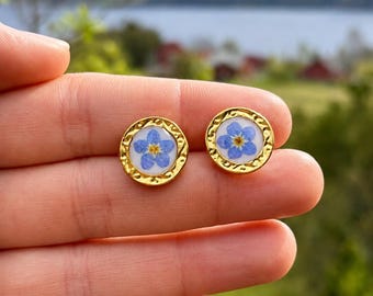 Real Forget Me Not Stud Earrings, Gold Pressed Flower Resin Jewelry, Botanical Blue Flower Earrings, Handmade Scandinavian Gift for Her