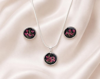 Pink Flower Jewelry Set, Real Flower Necklace and Earrings, Botanical Gift for Her, Romantic Nature Jewelry, Handmade in Norway