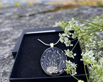 Botanical Pendant Necklace, Real Flower Jewelry, Pressed Wild Grass Pendant, Nature Inspired Necklace, Handmade in Norway