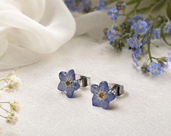 Orecchini Non ti scordar di me, Orecchini a perno con fiori veri, Regalo "Qualcosa di blu" per la sposa, Gioielli per ricordarmi, Orecchini con fiori pressati, Orecchini a perno con fiori blu