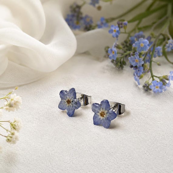Forget Me Not Earrings, Real Flower Stud Earrings, Something Blue Bride Gift, Remember Me Jewelry, Pressed Flower Earrings Blue Flower Studs