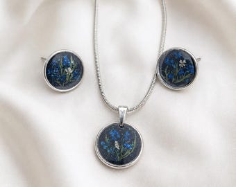 Blue Wildflower Jewelry Set, Real Flower Necklace Earrings Set, Botanical Jewelry, Arctic Inspired Gift for Her, Handmade in Norway
